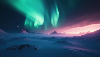 Spectacular Aurora Borealis Illuminating Snowy Mountain Landscape.