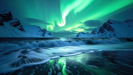 Spectacular Aurora Borealis Over Snowy Mountains and Ocean Waves.