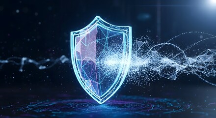 Glowing digital shield with network connections representing cybersecurity and data protection concept