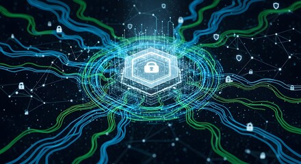 Centralized digital security network with padlock and interconnected lines in shades of blue and green