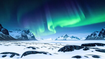 Stunning Aurora Borealis over Snow-Covered Mountains and Icy Landscape.