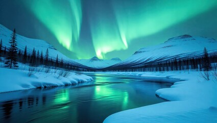 Stunning Aurora Borealis Over Snowy Landscape and Reflecting River.