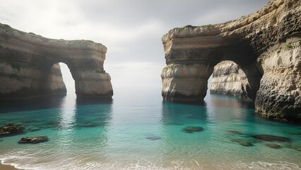 Natural Sea Arches Coastal Beauty of a Turquoise Cove under a Cloudy Sky