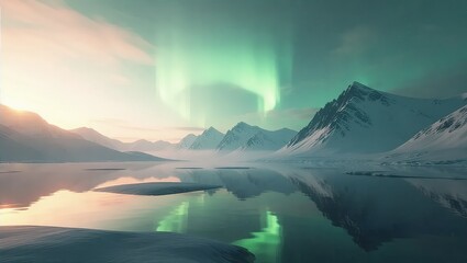 Stunning Aurora Borealis Over Snowy Mountains and Icy Lake.
