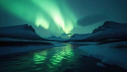 Stunning Aurora Borealis Reflecting on Icy Water in a Winter Landscape.