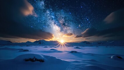 Stunning Milky Way Galaxy Over Snowy Landscape at Sunrise.