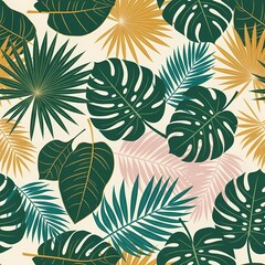 Fototapeta premium Vibrant tropical leaves pattern creates a lush, exotic backdrop for design projects, evoking summer vacation and natural beauty.