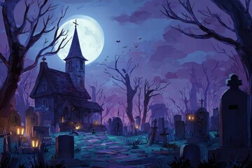 Halloween night mystery graveyard illustration