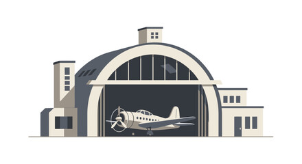Illustration of Vintage Aircraft Housed Inside a Modern Arch Hangar
