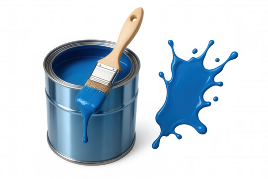 Blue paint can with paintbrush dripping paint and paint splashing, renovation and home improvement concept