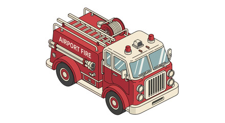 Isometric Illustration of a Classic Red Airport Fire Truck Vehicle
