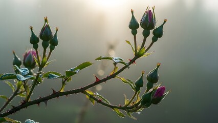 Rose Bud Branch in Morning Light Delicate Petals, Thorny Stems, and Misty Background