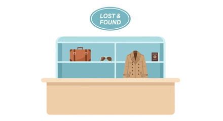 Lost and found items at a service counter, flat design illustration