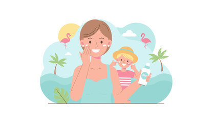 Happy mother and child apply sunscreen on a tropical vacation promoting skin protection