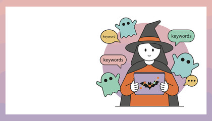Witch character with friendly ghosts and tablet showing keywords for Halloween business strategy