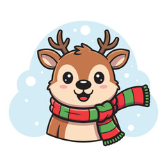 Cute cartoon reindeer with Christmas scarf  smiling character illustration