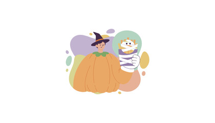 Person in pumpkin costume holds festive mummy fries Fun Halloween celebration concept
