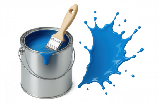 Blue paint can with brush dripping, liquid splashing, illustrating home renovation and creative project concepts