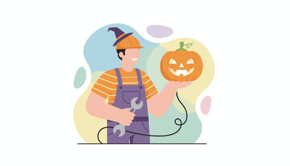 Playful technician in witch hat and overalls holds a glowing Halloween pumpkin with wrench