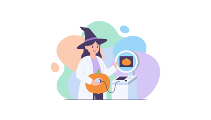 Witch in lab coat performs ultrasound on pumpkin for Halloween Science and spooky fun