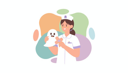 Friendly nurse with ghost and bandaids representing gentle care and healing