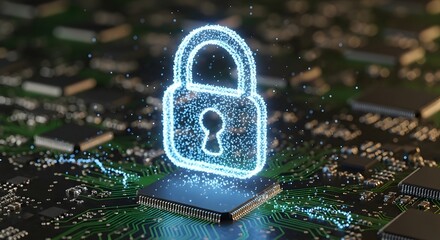 Glowing padlock icon hovering over a microchip on a circuit board showing digital information security