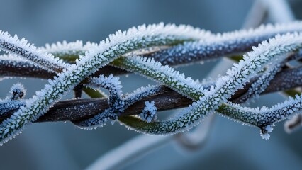 Frozen Wire A Close-Up View of Frost-Covered Barbed Wire in Winter