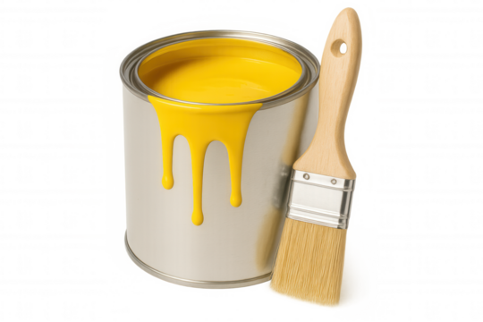 Yellow paint can dripping with a brush, symbolizing home improvement and renovation concepts