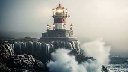 Dramatic Lighthouse on Rocky Coast Amidst Crashing Waves and Foggy Seascape