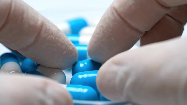 Close-up of hands in medical gloves sorting through blue and white capsules in a blister pack