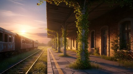 Abandoned Train Station at Sunset A Scenic Journey through Time with Eerie Vibe