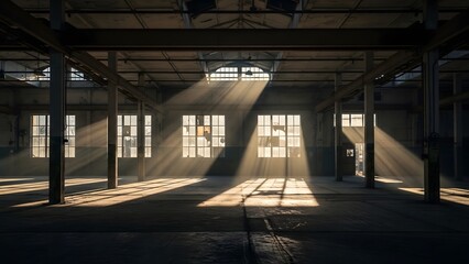 Empty Industrial Warehouse Sunlight Streaming Through Windows Creating Dramatic Shadows