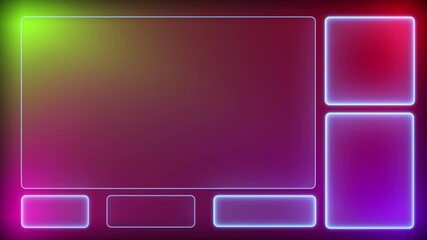 animated neon glowing frame modular screen layout element loop over a warm red to purple and yellow gradient background, for streaming and video content