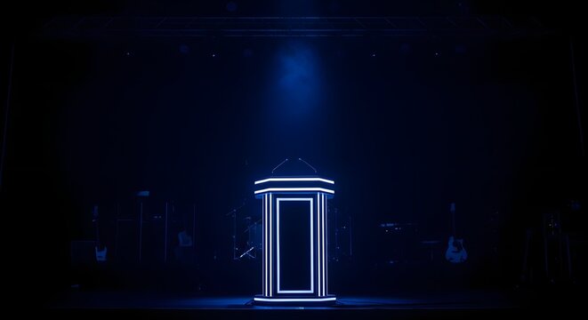 Make your voice heard with this stunning podium set in a vibrant, modern stage atmosphere ready for a powerful speech or performance tonight