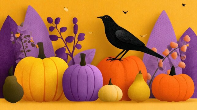 Purple Halloween background with pumpkins, orange and yellow gourds, black bird perched on branch