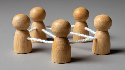 Connected Peg People: A symbolic representation of a collaborative network, with wooden peg people joined by interconnected cords, emphasizing the significance of teamwork and unity.