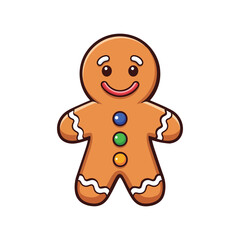 Cute smiling gingerbread man cookie with colorful candy buttons and white icing details