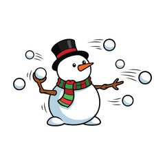 Playful cartoon snowman wearing a hat and scarf throwing snowballs in a winter scene