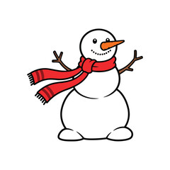 Cute cartoon snowman with a red scarf and carrot nose waving hello in the winter