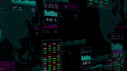 A detailed motion graphic of a futuristic dashboard displaying global data, charts, and percentages in a high tech style. - Powered by Adobe