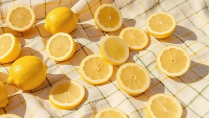 Fresh Sliced Lemons on a Checkered Cloth in Sunlight.