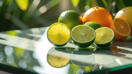 Fresh Sliced Limes and Oranges on a Glass Table.