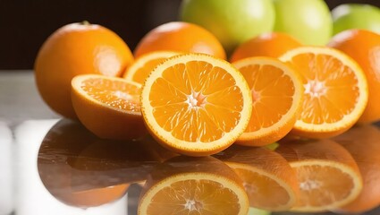 Fresh Sliced Oranges and Whole Fruits on a Reflective Surface.