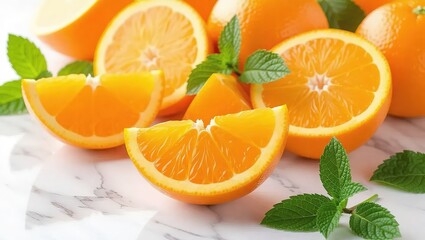 Fresh Sliced Oranges with Mint Leaves on Marble.