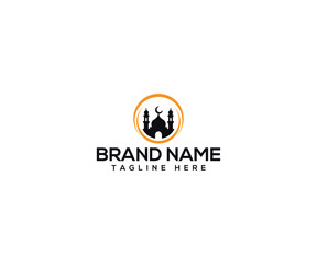 Fototapeta premium Islamic Mosque Logo: The logo features a silhouette of a mosque with a crescent moon and stars, enclosed within a circular frame.