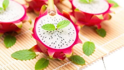 Fresh Sliced Pitaya Dragon Fruit with Mint Leaves.