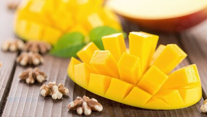 Fresh Sliced Ripe Mango with Walnuts on a Wooden Table.