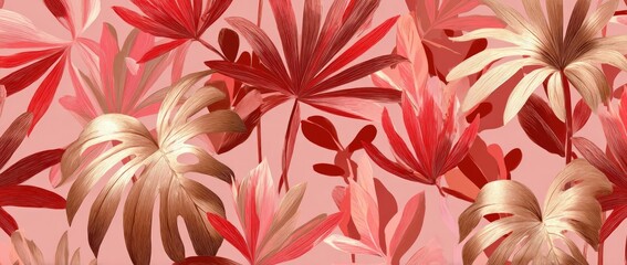 Abstract Botanical Pattern With Tropical Foliage In Red And Gold Tones Against Pink Background