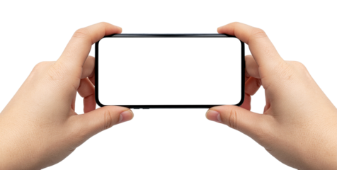 Human Hands Holding Smartphone, Close-Up, Blank Screen, Transparent Background, Studio Quality