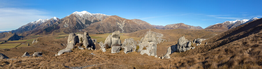 Castle Hill rock  formations panoramic landscape, Canterbury, New Zealand